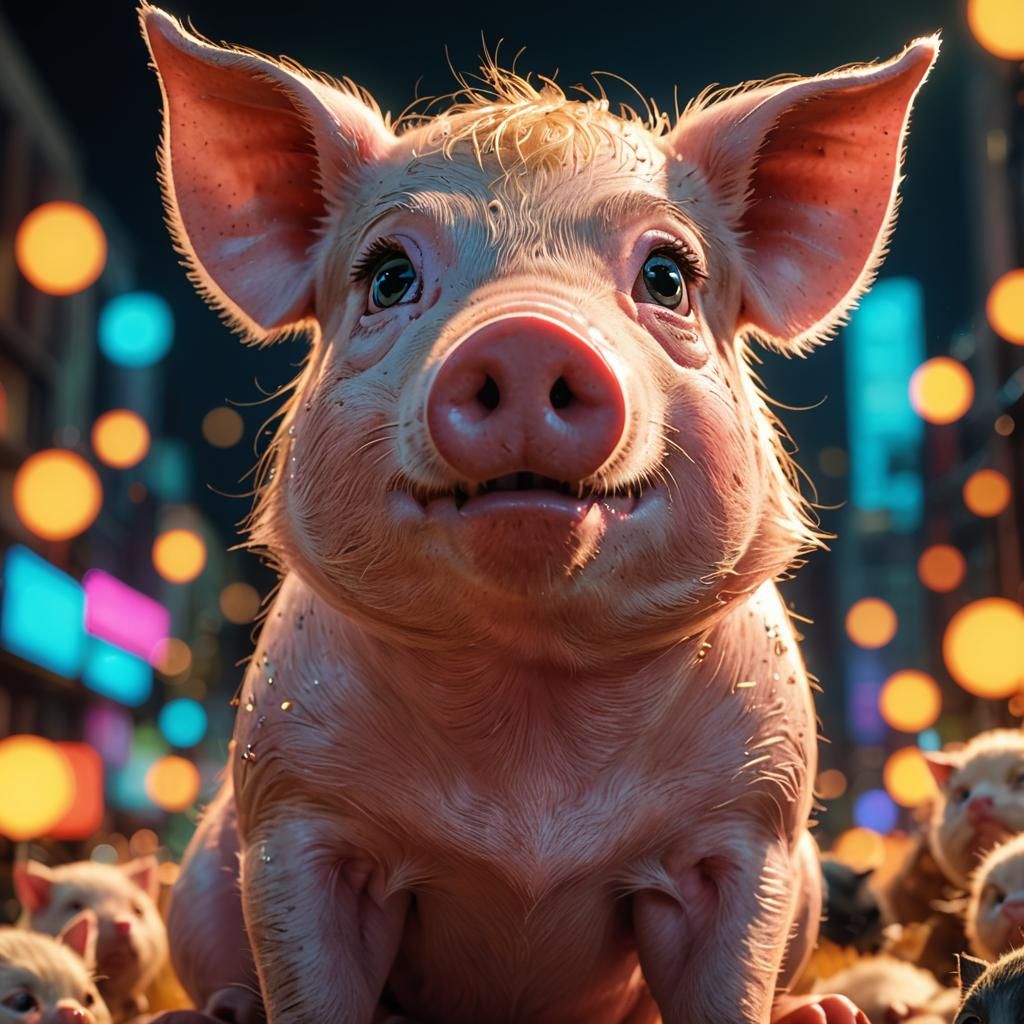 Surreal Cartoon Pig on Cat in 3D-CGI Style