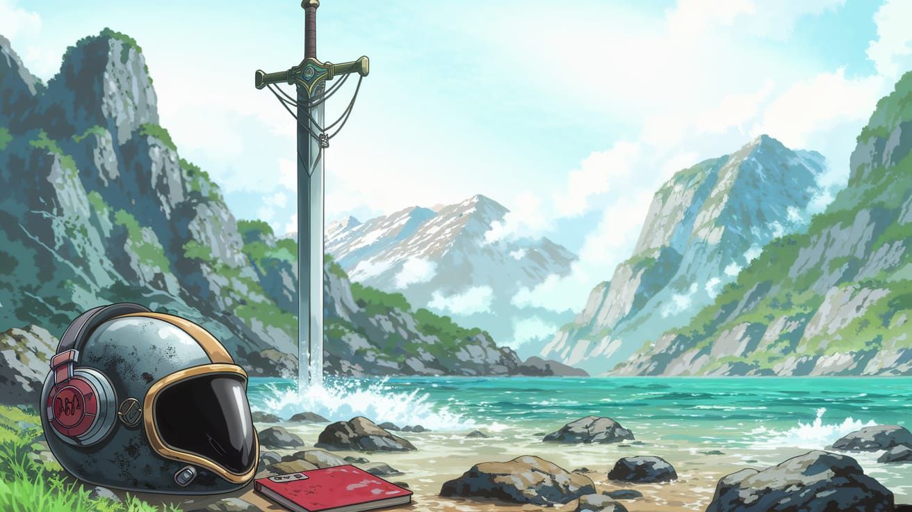 Epic Cross Sword Emerges from Rocky Shoreline in Hyperdetail...