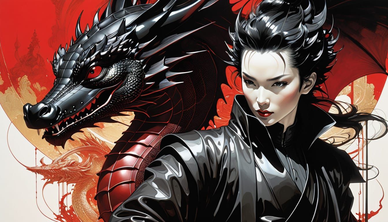 Surreal Dark Fantasy Dragon Emerges from Black Lotus