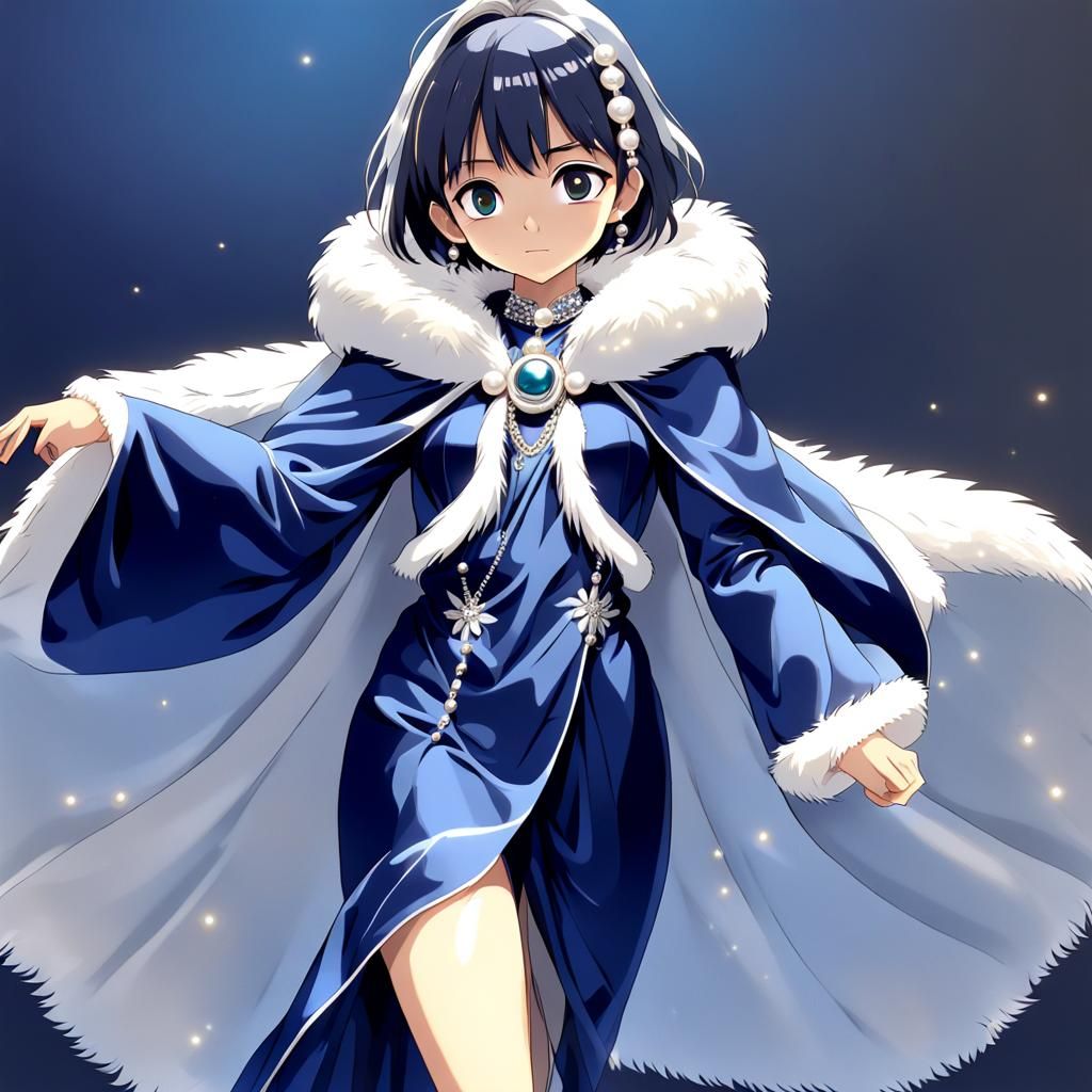 Anime Woman in Silk Saree with Fur Cloak