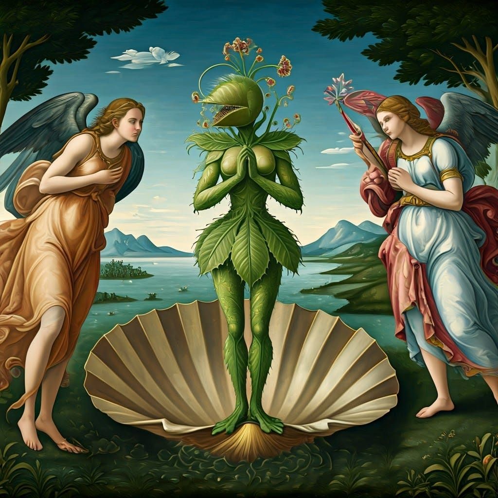 Anthropomorphic Venus Flytrap Birth as Oil Painting