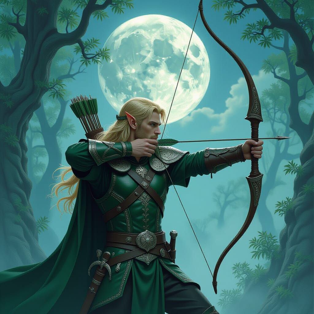 Elven Archer Observes Moonrise in Ancient Forest
