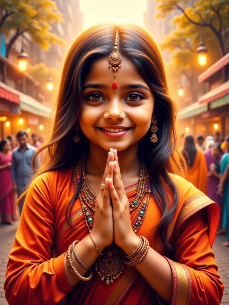 Indian Girl's Hands in Namaste Gesture with Cityscape