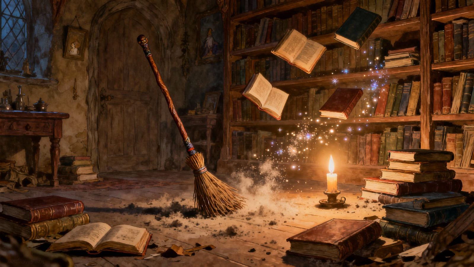 Magical Broom Tidies Wizard Study in Storybook Style