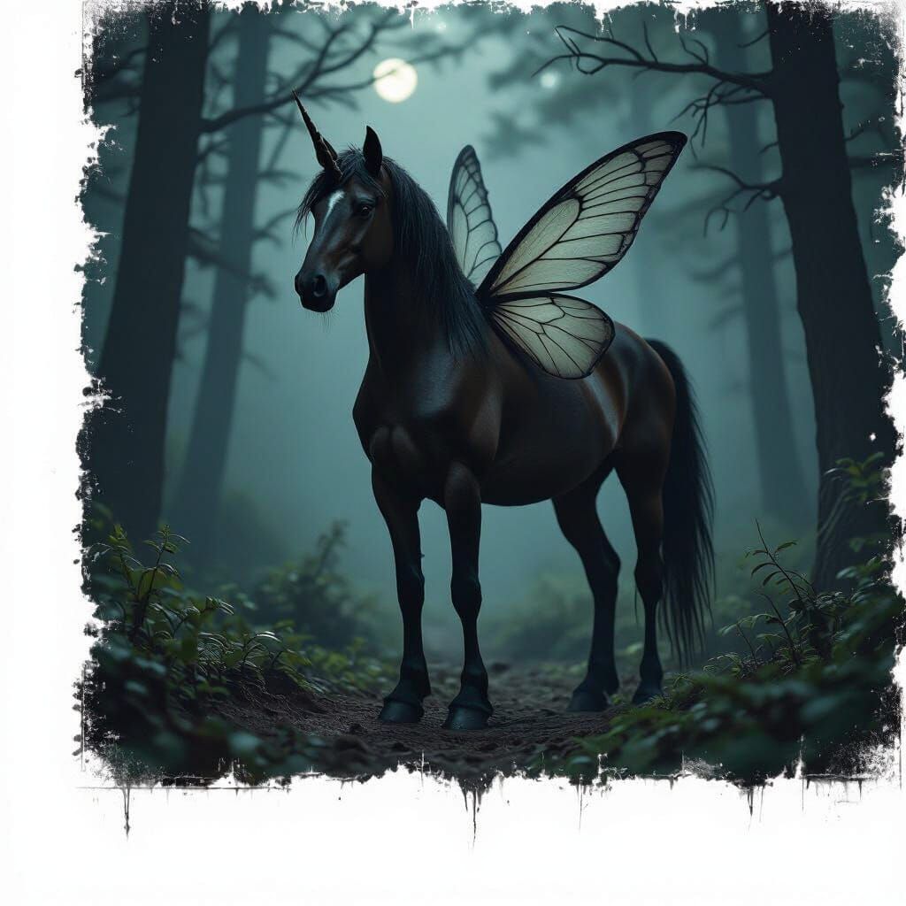 Dark Fantasy Centaur With Fairy Features in Misty Forest