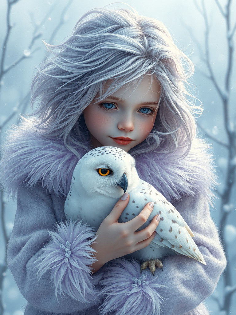 Girl with Snow Owl in Winter Wonderland