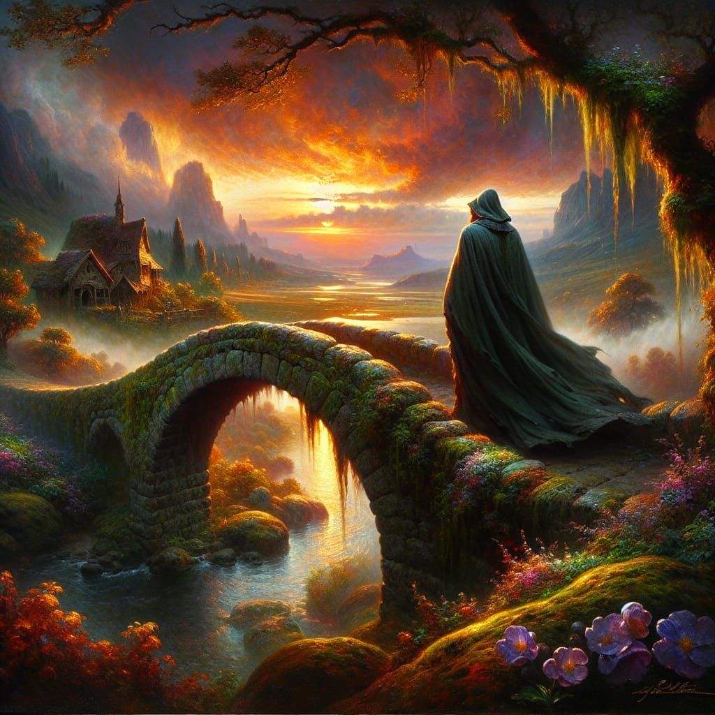 Man on Mossy Bridge Gazing at Sunset Landscape