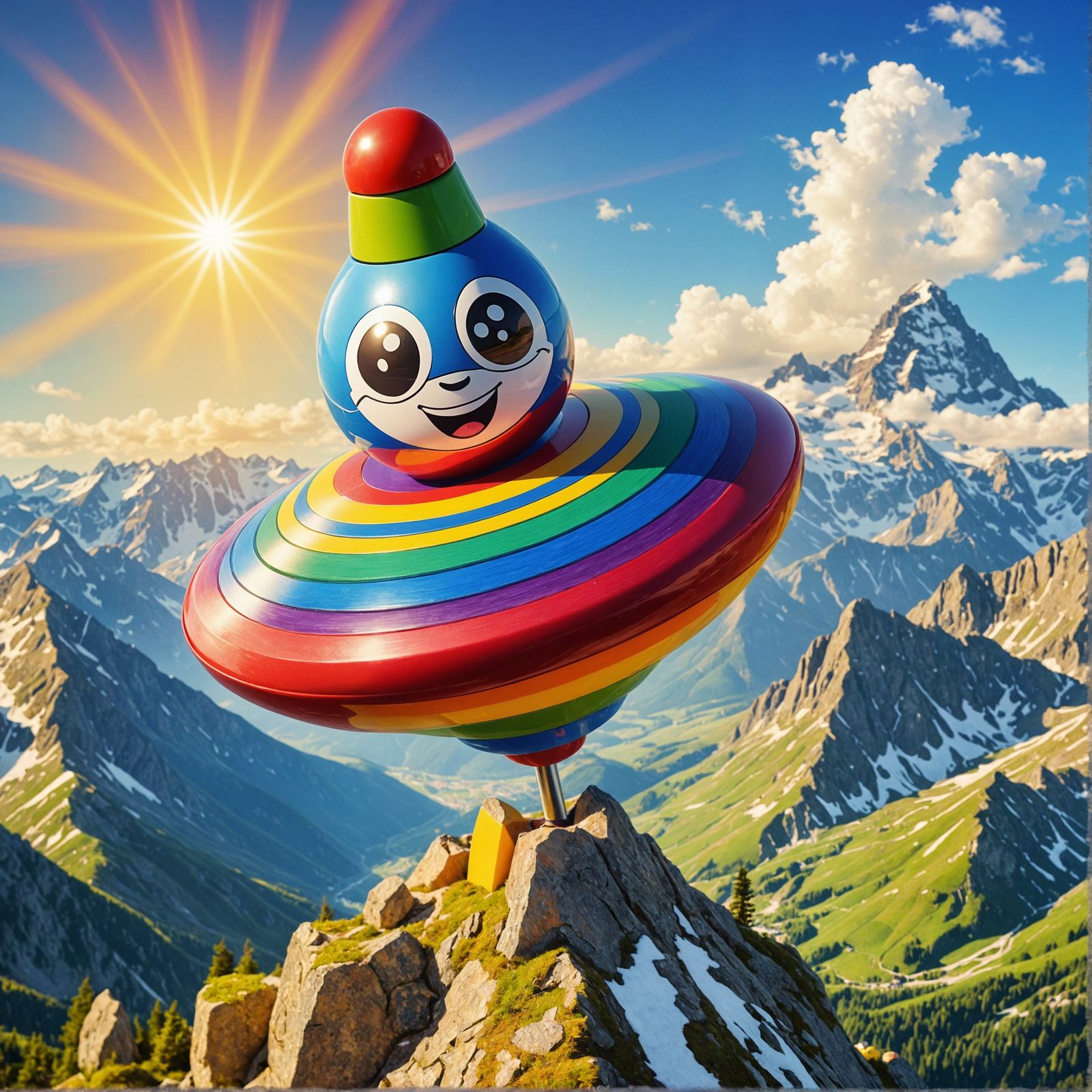 Joyful Toy Top on Mountain Peak as Oil Painting