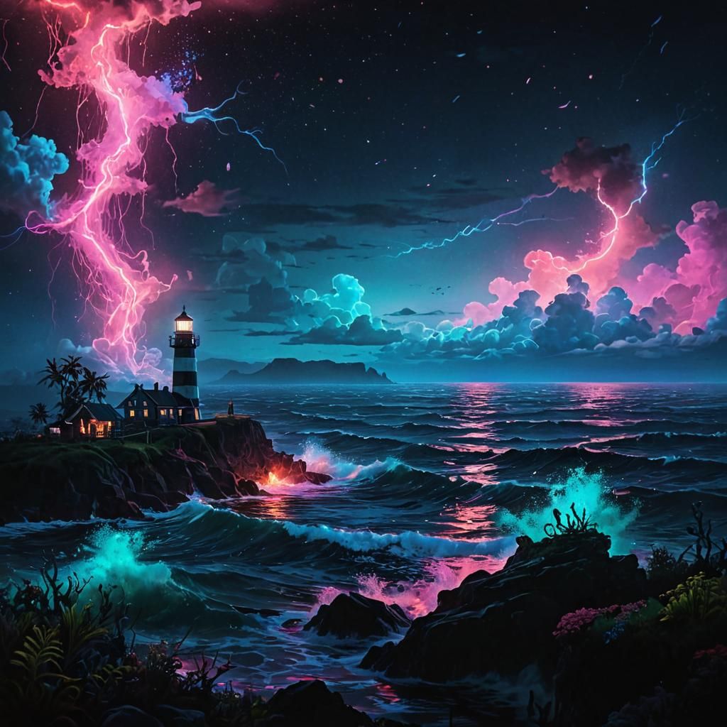 Glowing Bioluminescent Lighthouse in Dark Ocean Scene