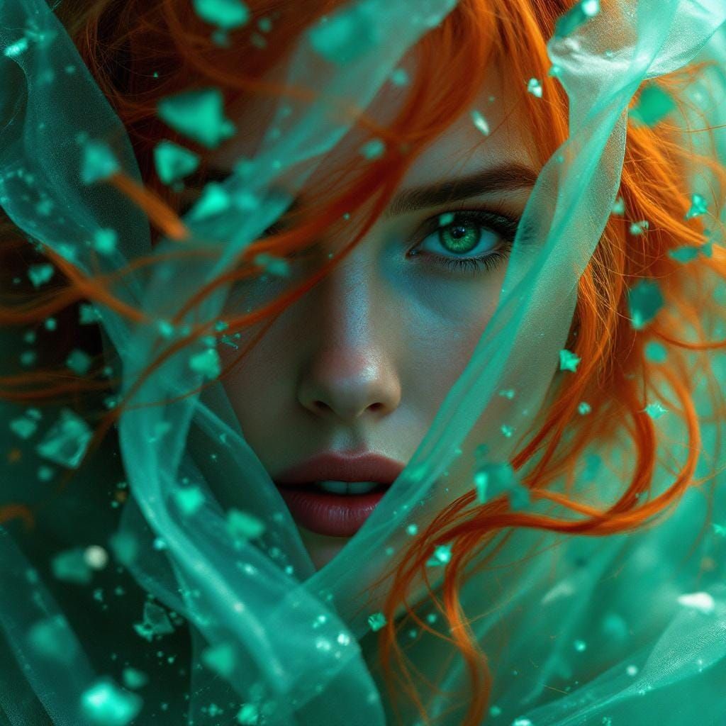 Dynamic Portrait with Emerald Particles and Red Hair