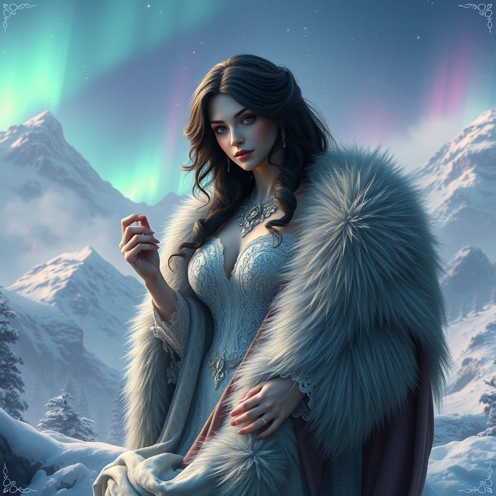 Goddess of Winter's Splendor in Opulent Fur and Lace