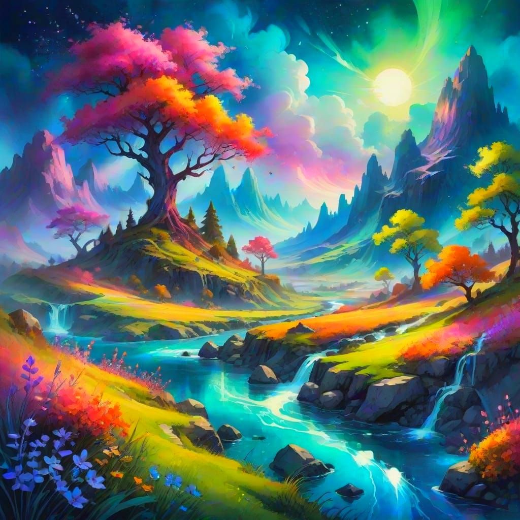 Whimsical Digital Watercolor Fantasy Scene with Vibrant Hues