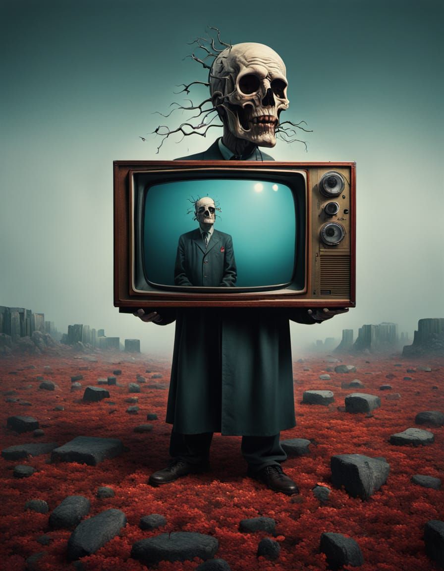 Television Head Body Horror in Surreal Style