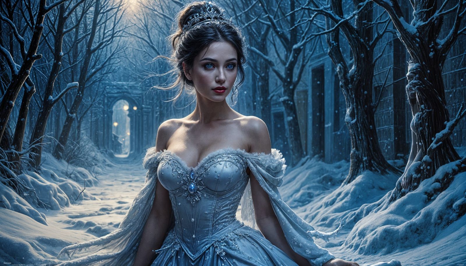 Breathtaking Snow Goddess in Dark Winter Alley
