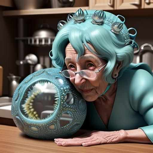 Giant Amoebas Cuddling Grandma: 3D Octane Render