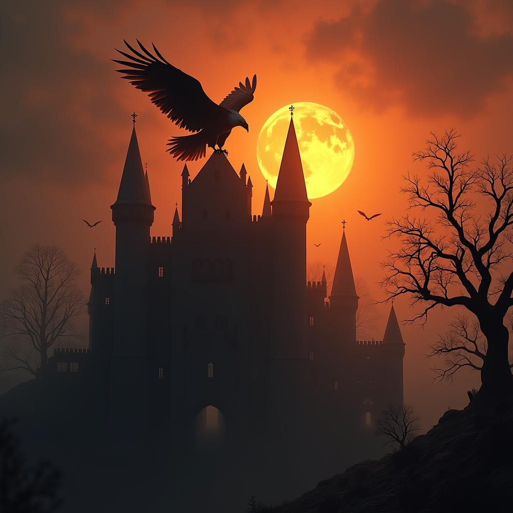 Eagle Perched Atop Haunted Castle at Sunset