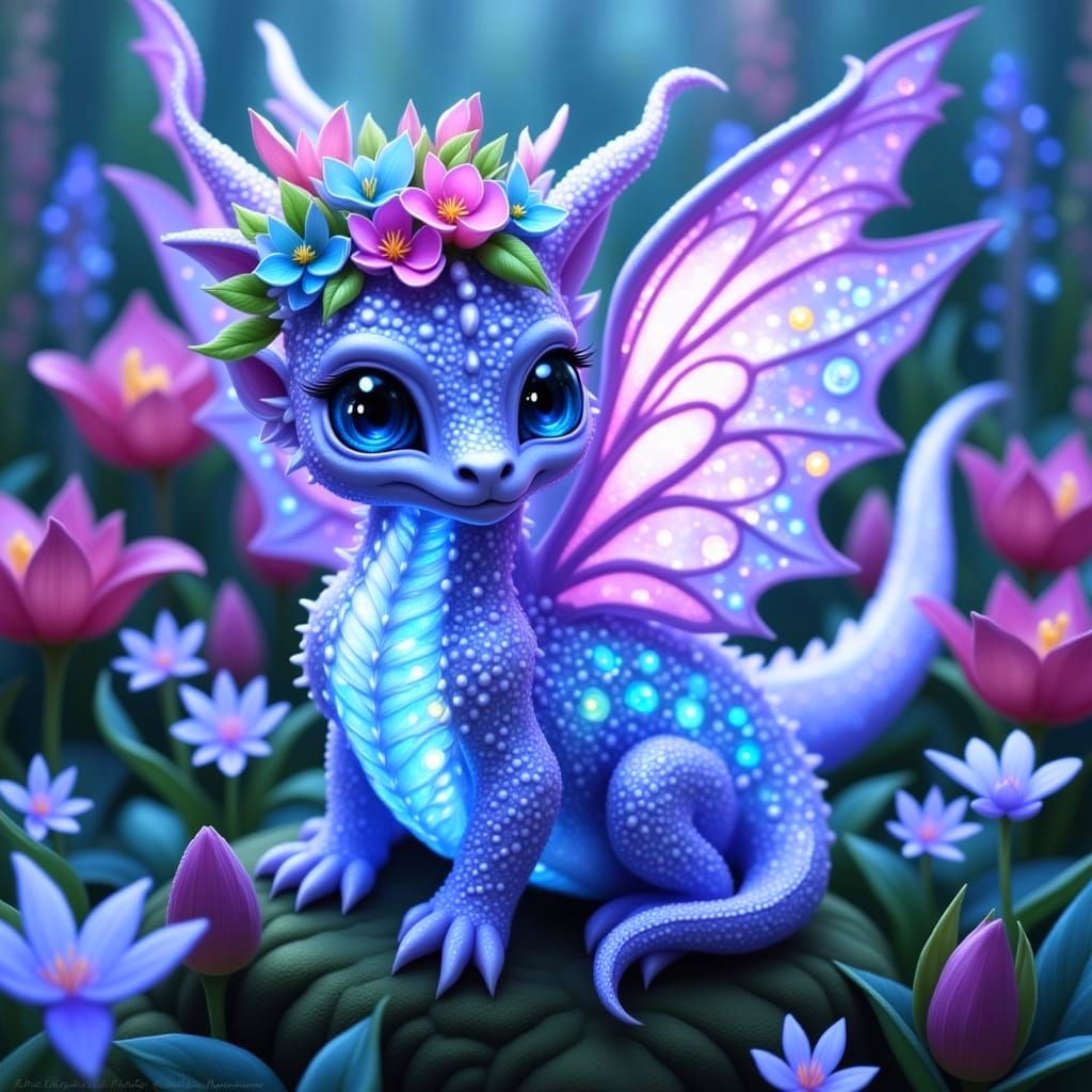 Whimsical Pocket Dragon Flies Through Enchanted Meadow