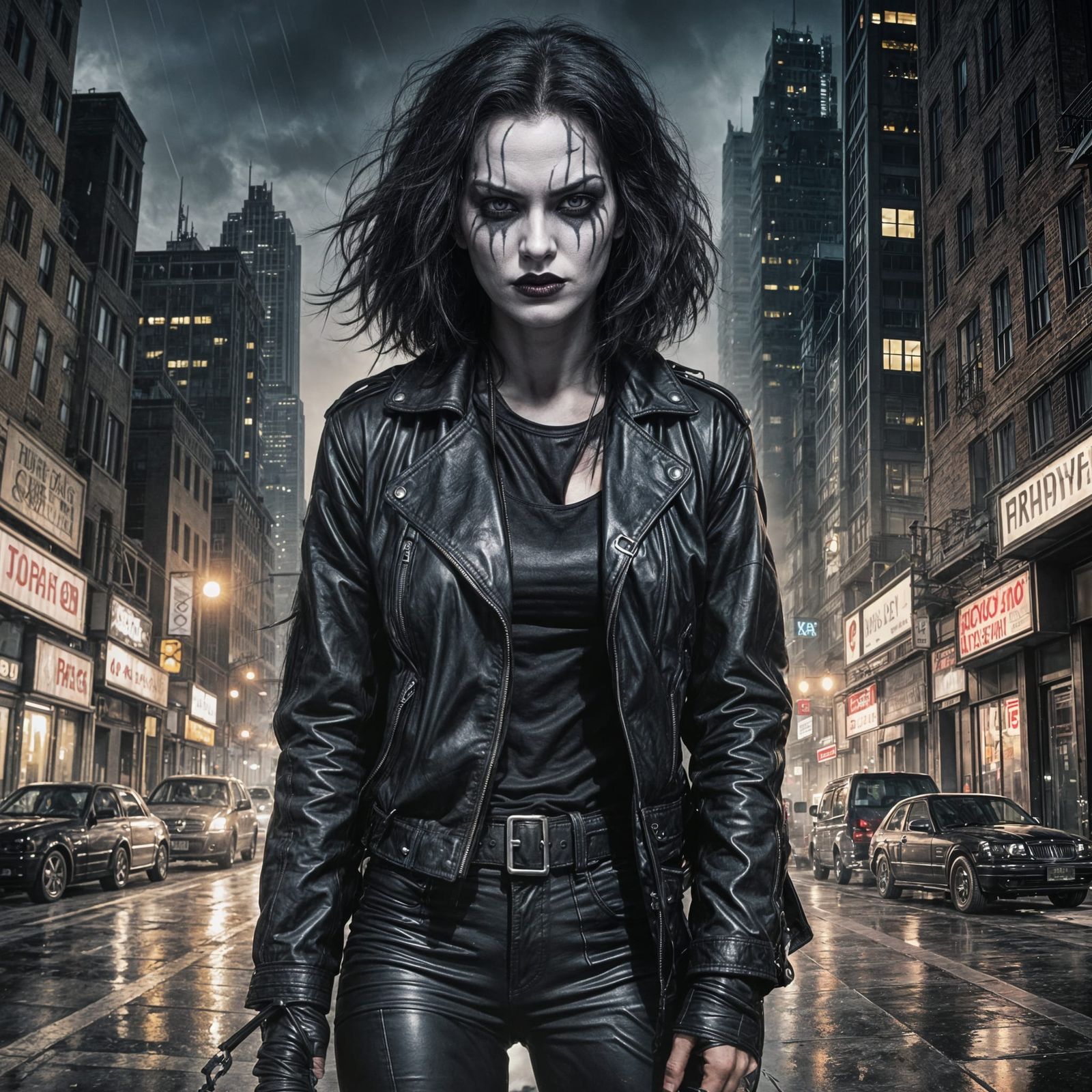 Female Crow in Dark Cityscape