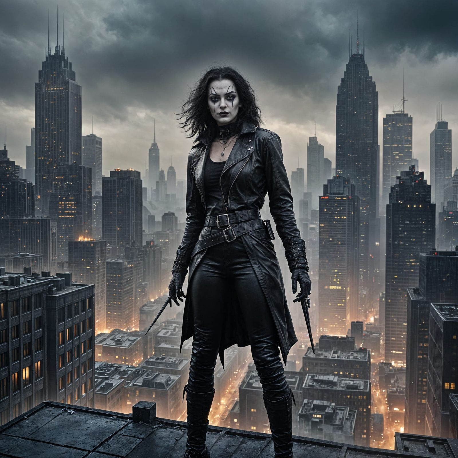 Female Eric Draven in Dark Cityscape