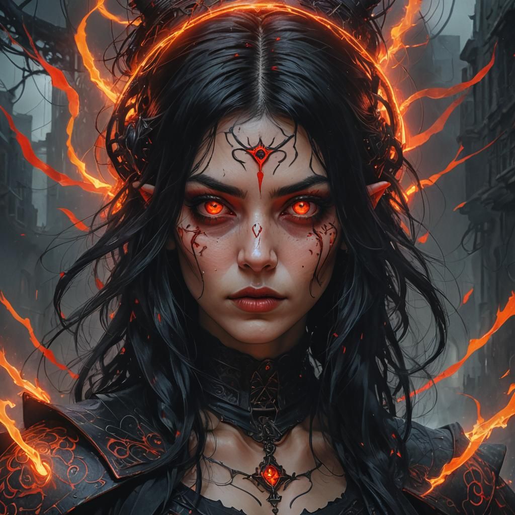 Girl with Luminous Eyes in Gothic Cyberpunk Style