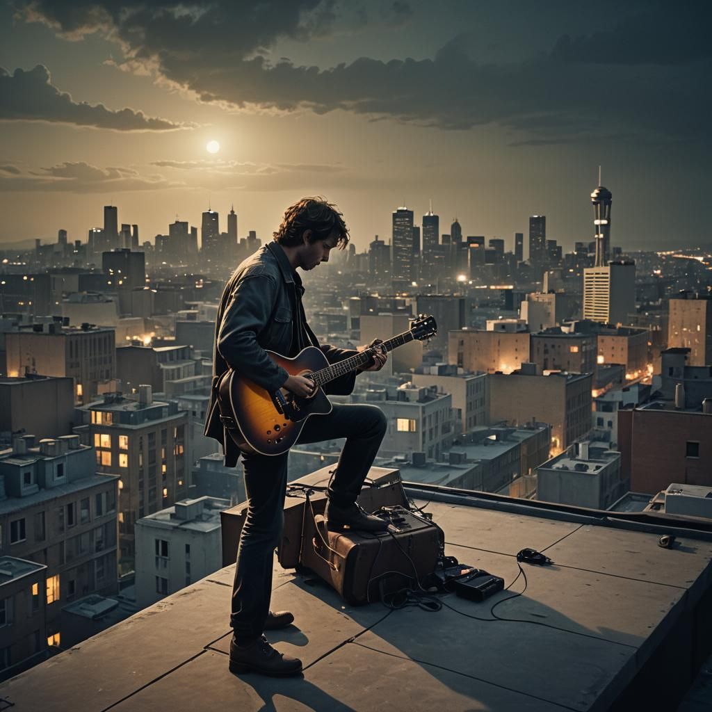 Guitarist on Rooftop with Alien Warship Searchlight