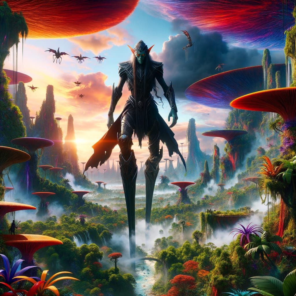 Surreal Fantasy Scene of Giant Elf in Alien Rainforest with...