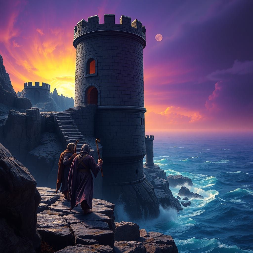 Fantasy Adventurers Approach a Dark, Ancient Prison Tower