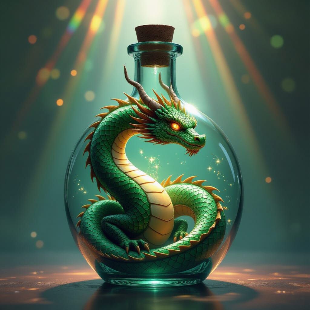 Emerald Dragon in Intricate Glass Bottle
