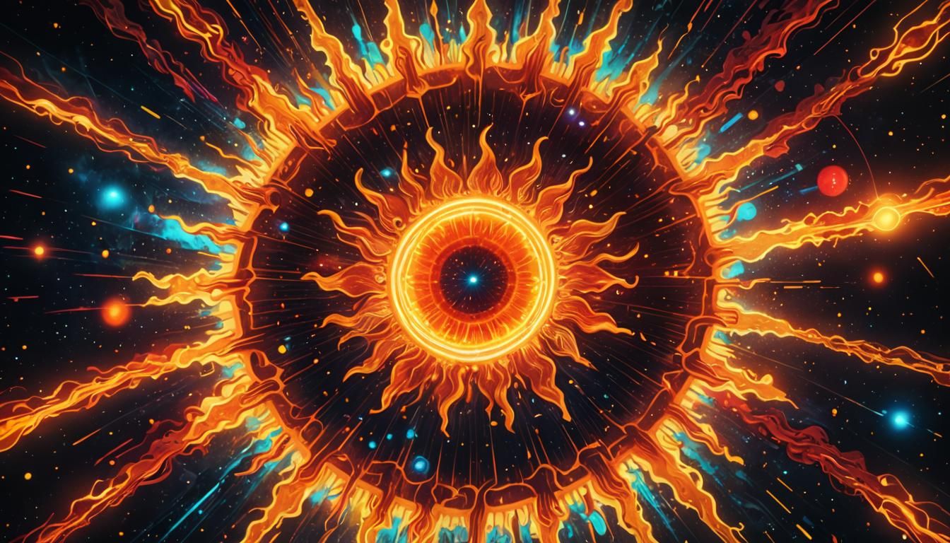 Psychedelic Sunburst Explosion in Holographic Cosmic Illustr...