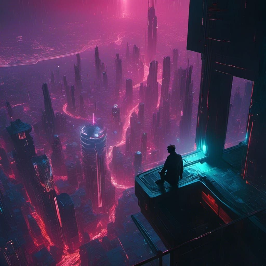 Lonely Man Overlooking Cyberpunk Cityscape