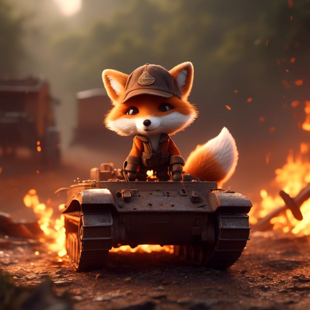 Fox Cub Attacks Tank as Detailed Matte Painting