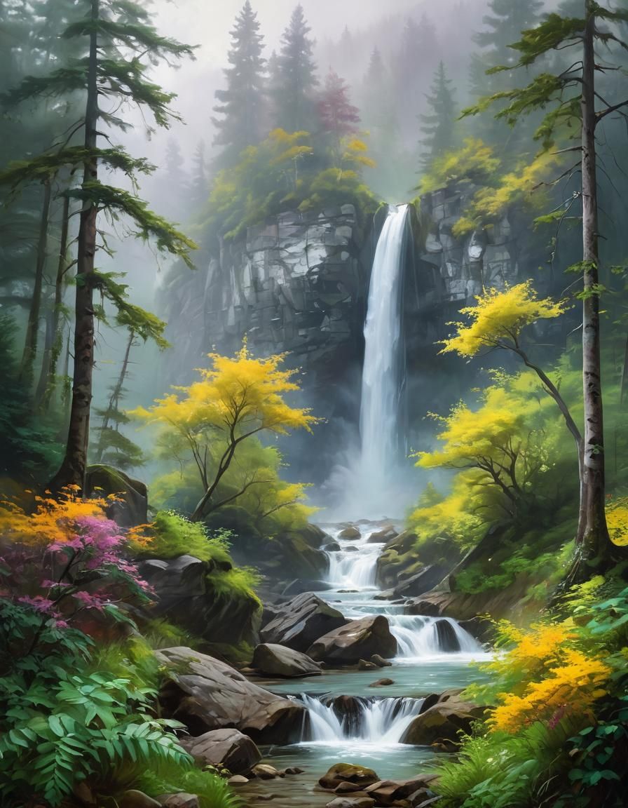 Mystical Waterfall Oil Painting in Epic Style