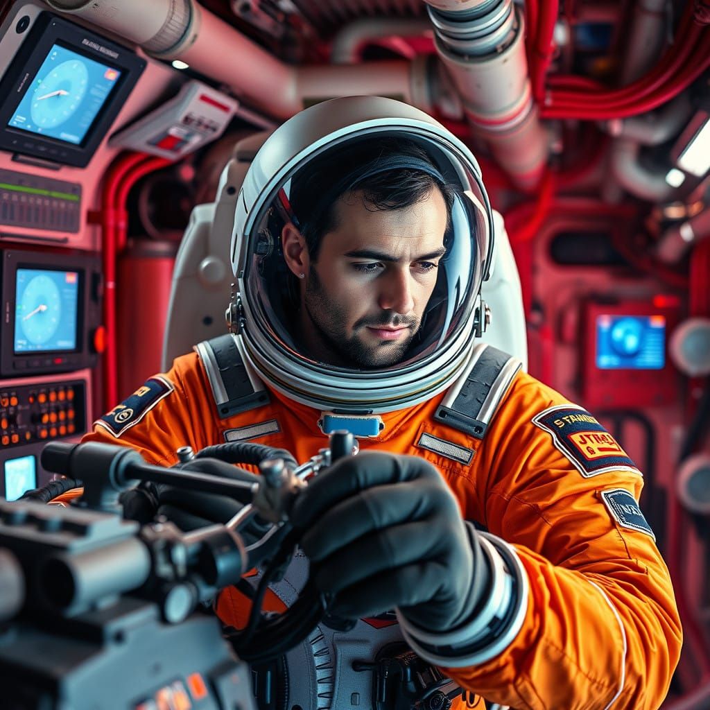 Dedicated Astronaut Attends to Space Equipment in Cinematic....