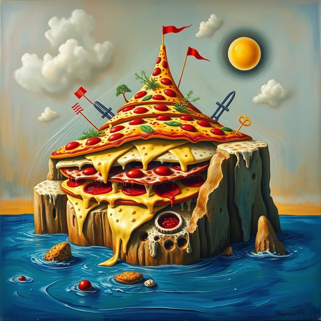 Surreal Pizza Island: A Dali-esque Dreamscape