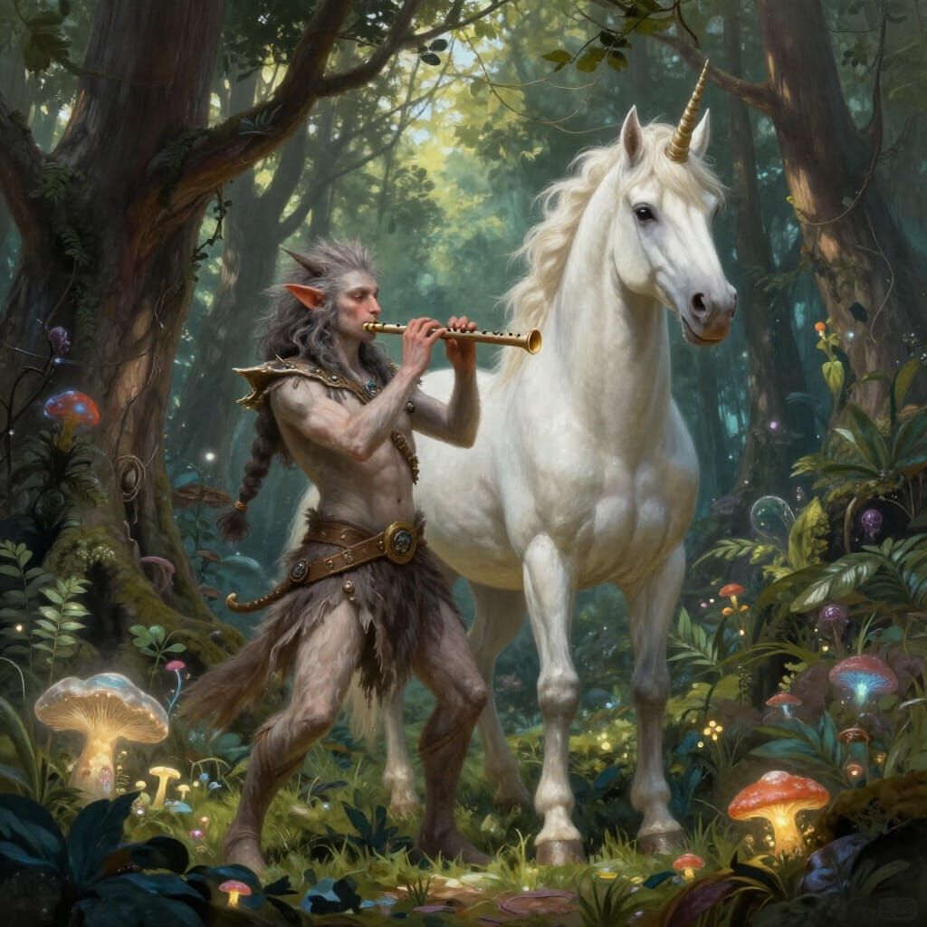 Mythical Satyr and Unicorn in Enchanted Forest