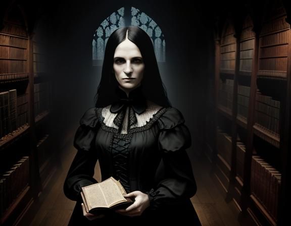 Gothic Woman in Library: Digital Art Chiaroscuro