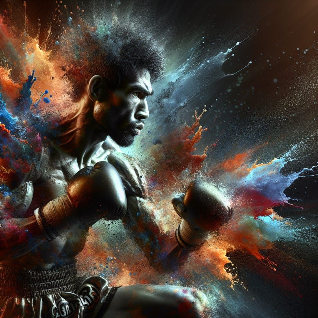 Dynamic Muay Thai Fighter Splash Art Concept