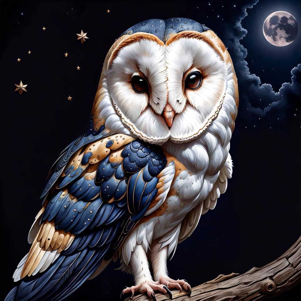 Barn Owl Soaring in Midnight Sky