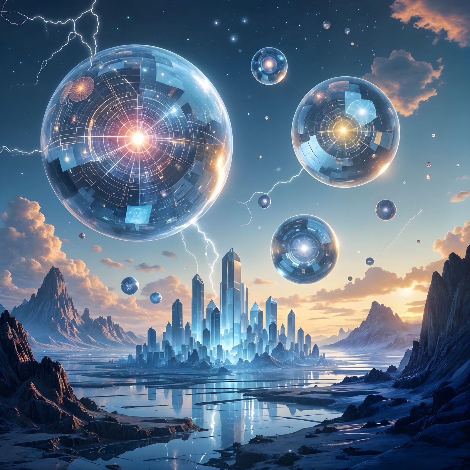 Surreal Sci-Fi City with Cosmic Spheres