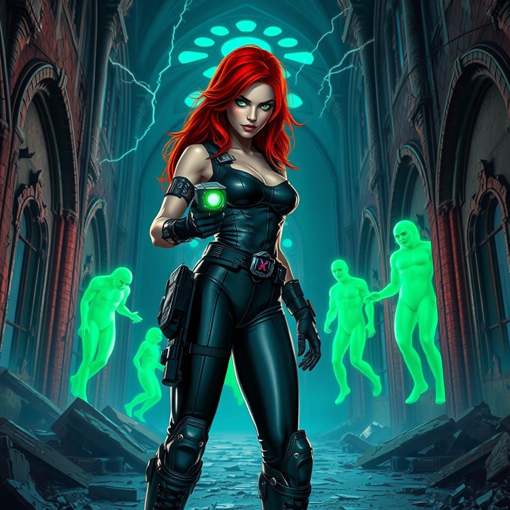 Cyberpunk Ghost Hunter in Haunted Cathedral Ruins