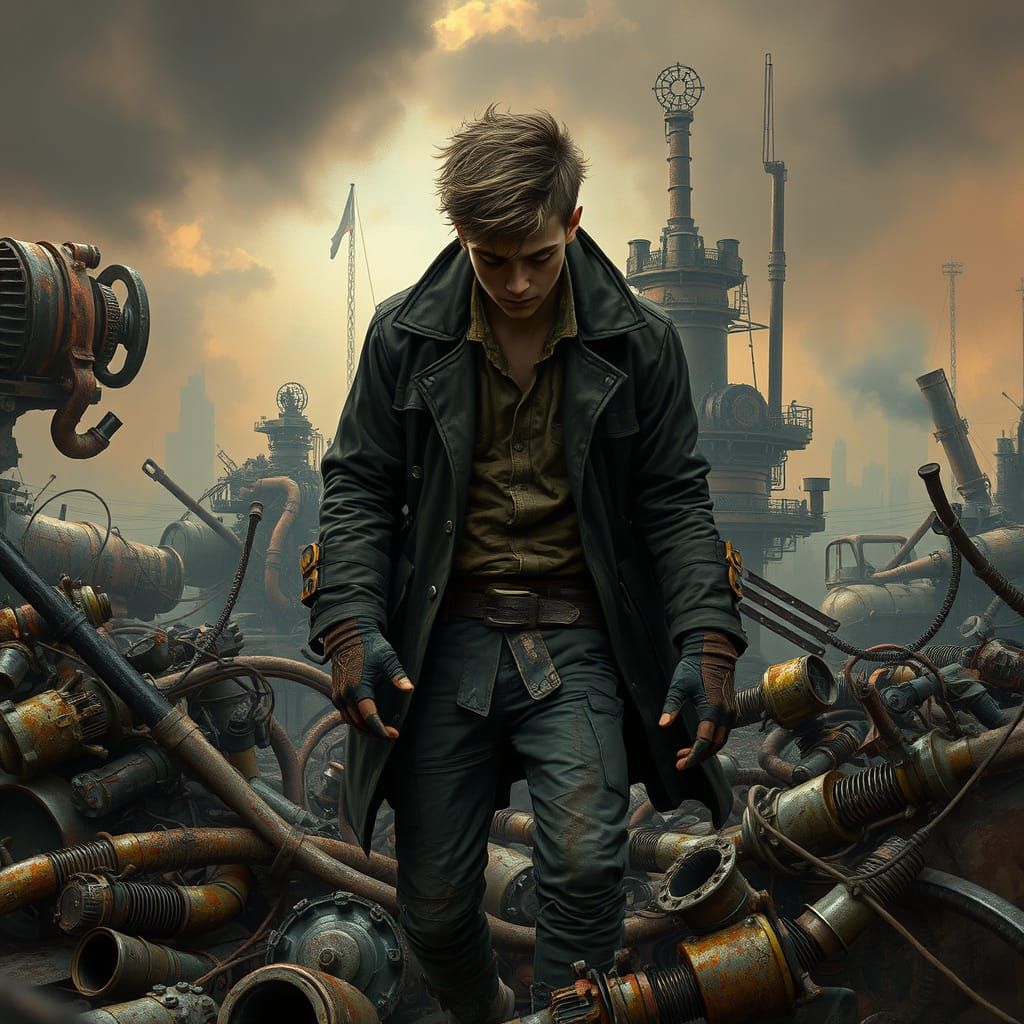 Scrapyard Scavenger in Dystopian Landscape