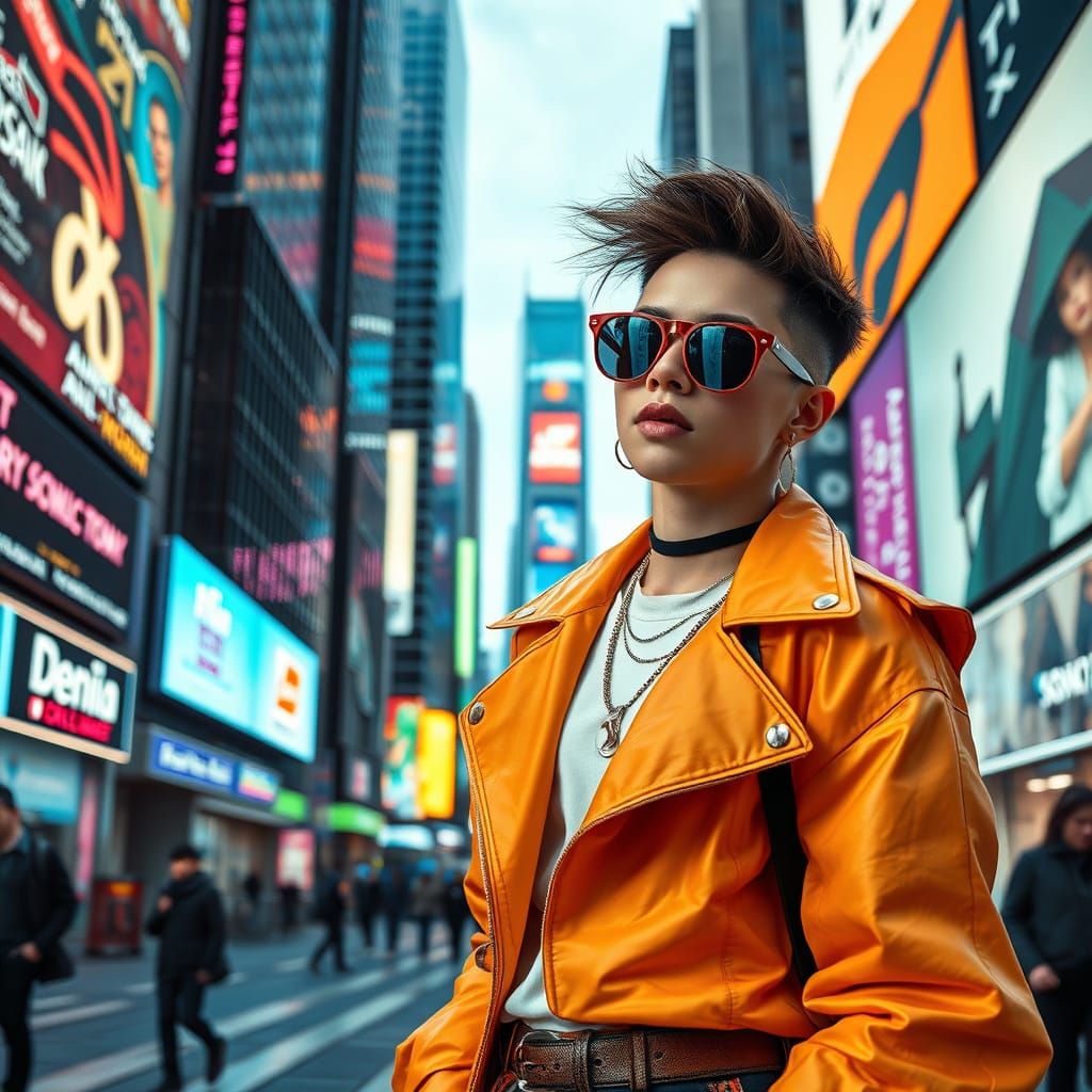 Futuristic Youth in Neon Cityscape
