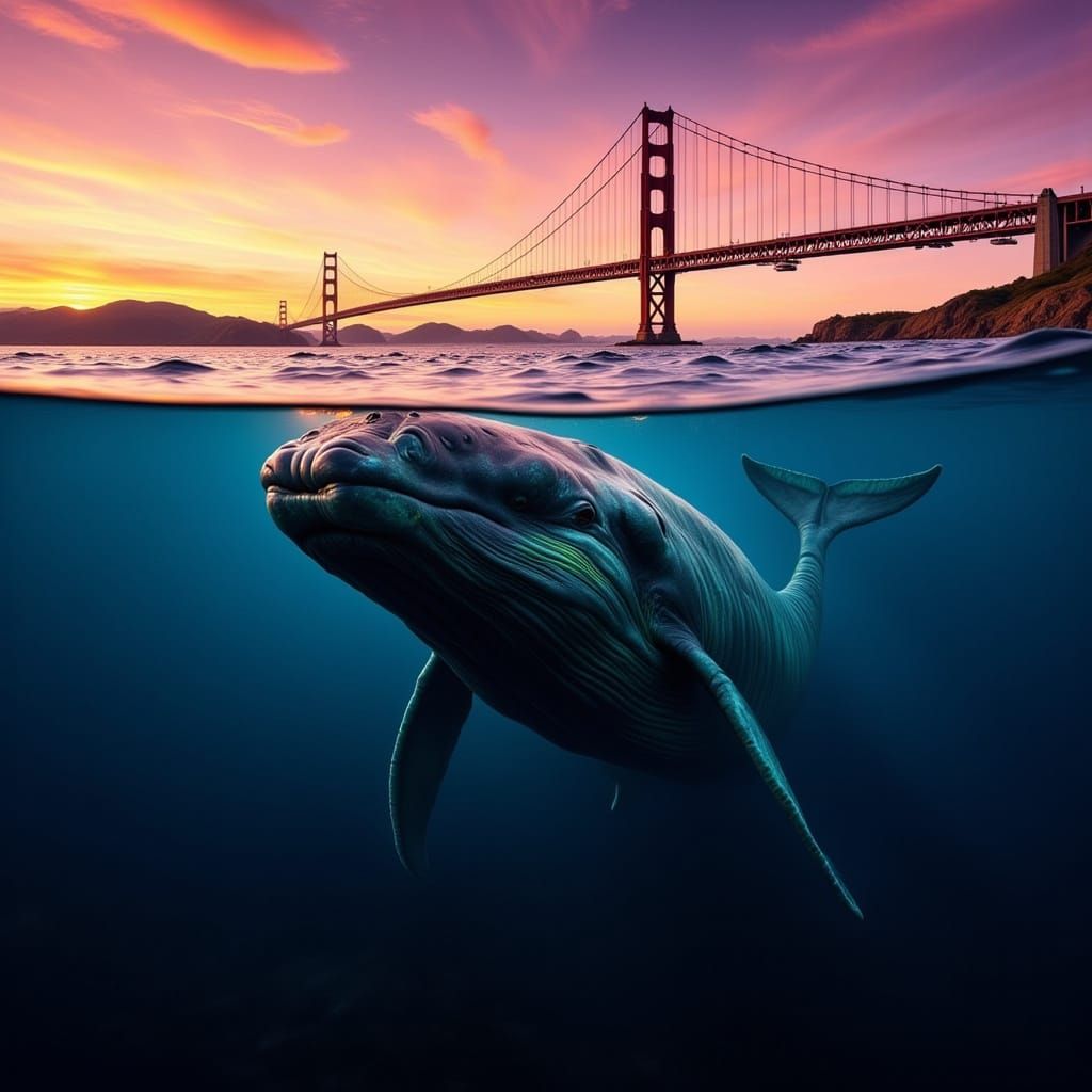 Photorealistic Blue Whale Under Bay Bridge at Sunrise