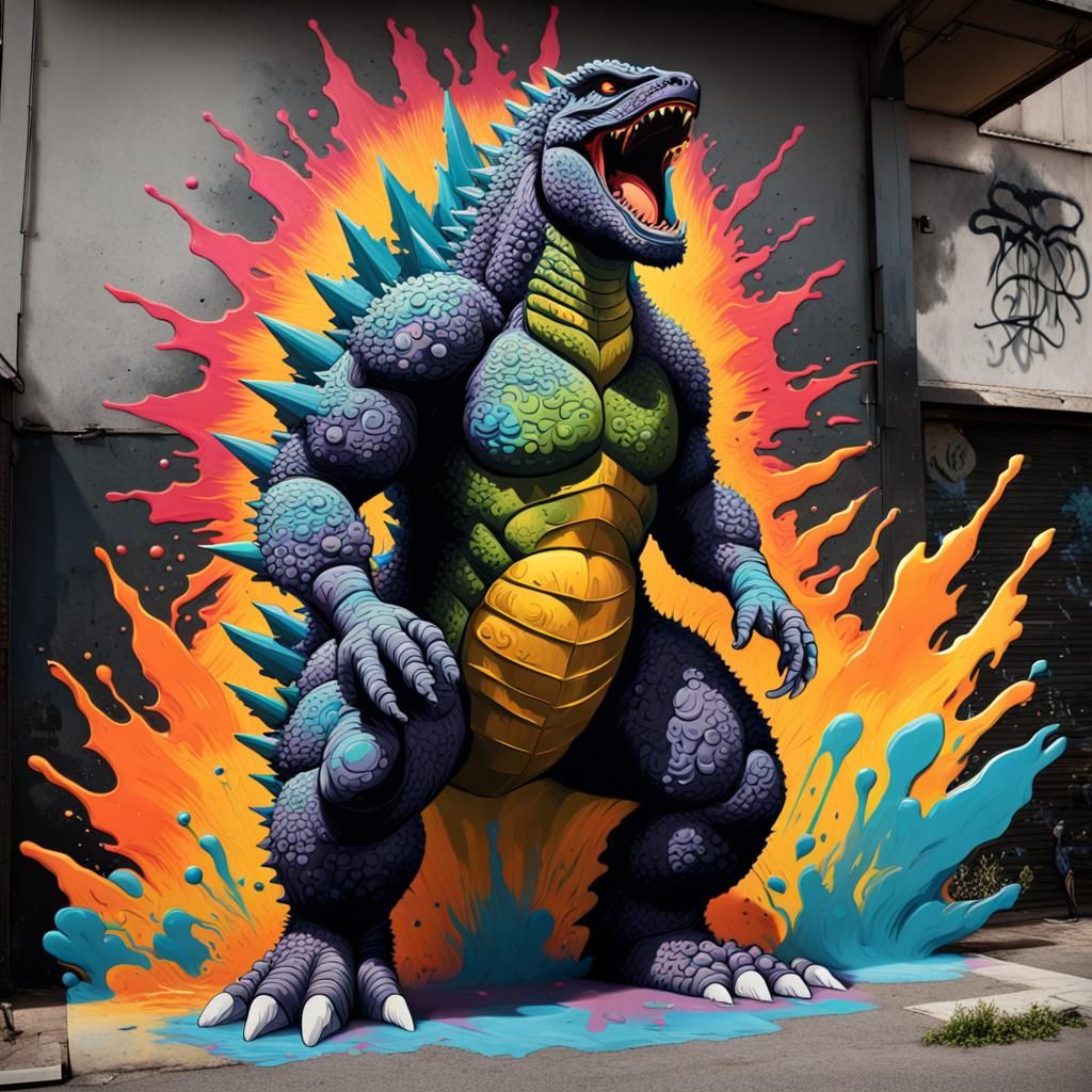 Graffiti Style Sunburst Godzilla Spray Paint Art