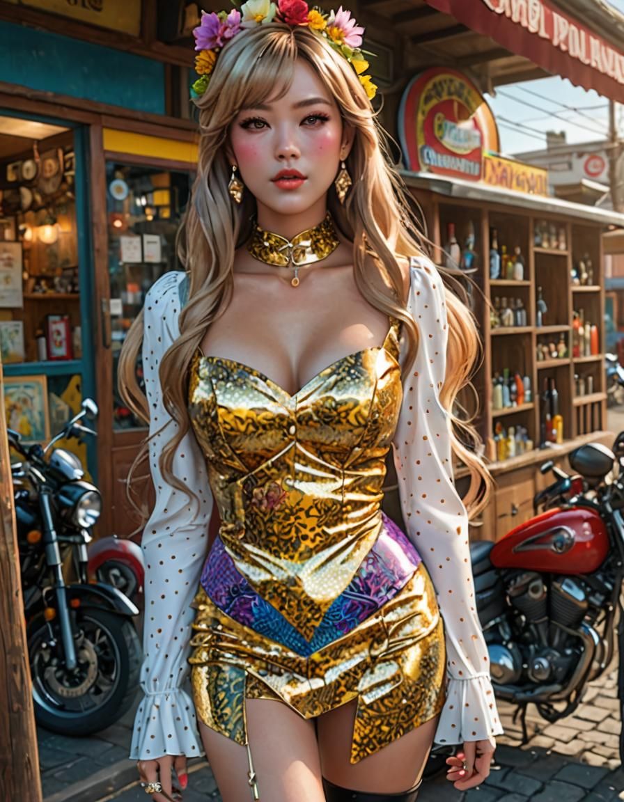 Bearded Biker in Floral Blouse: Hyperrealistic Portrait