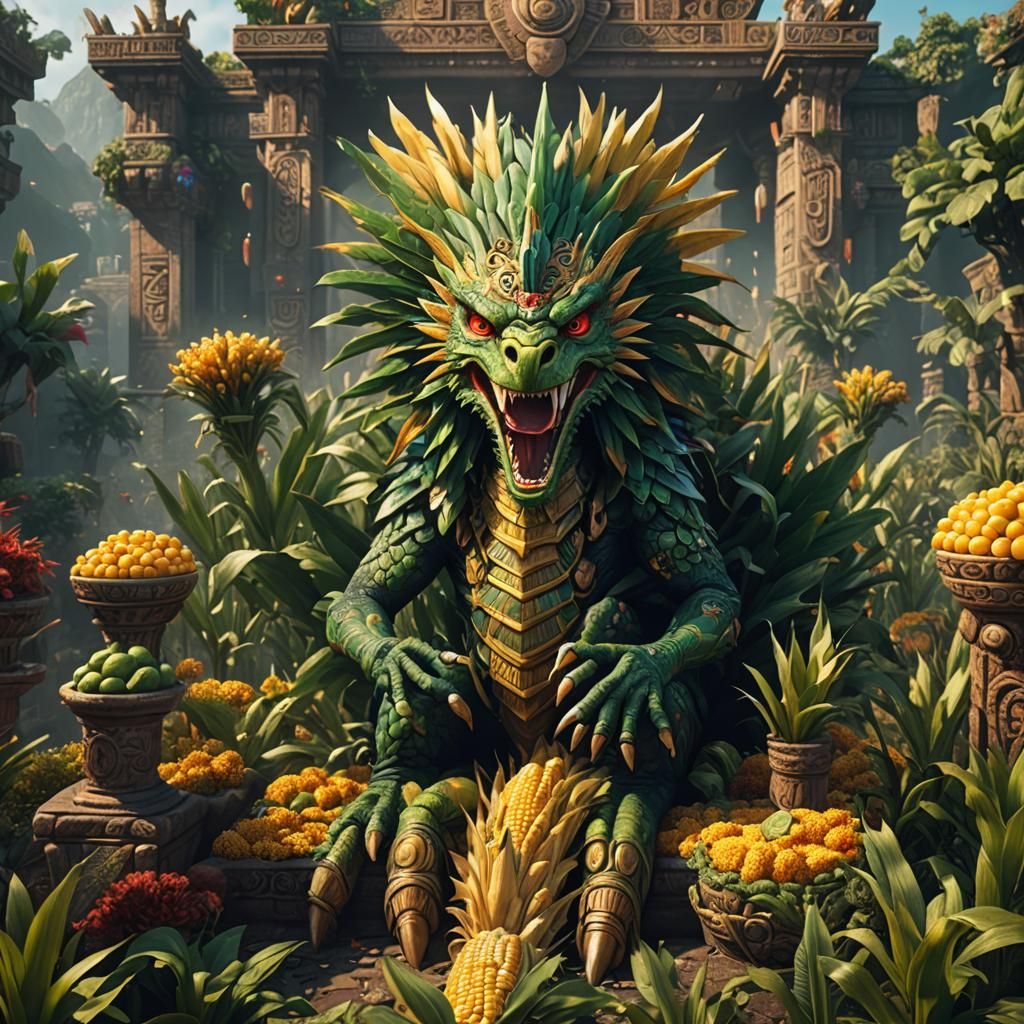 Quetzalcoatl Giving Corn: Detailed Matte Painting