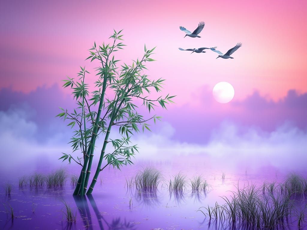Bamboo Jade Tree in Misty Marsh with Cranes