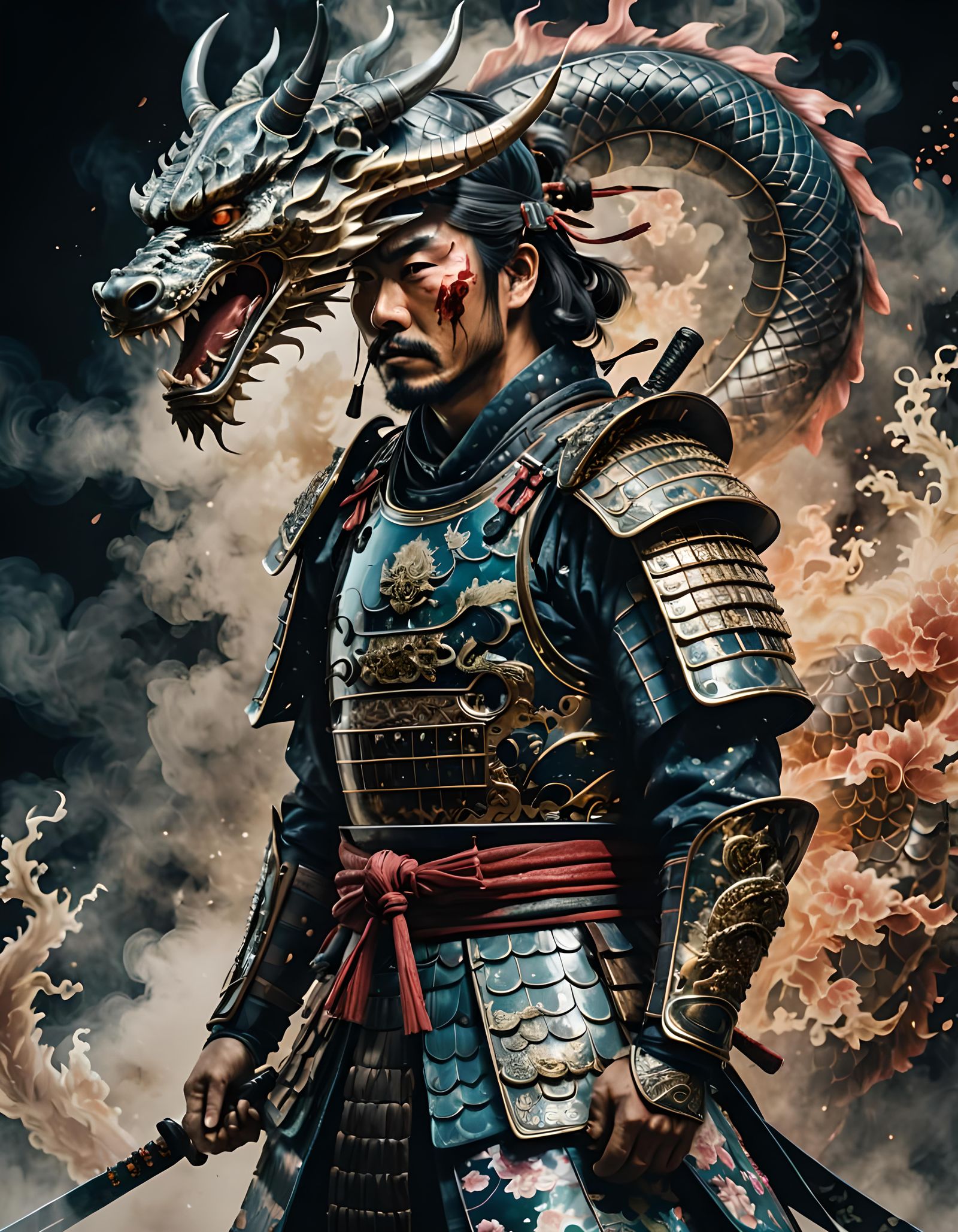 Samurai and Dragon Double Exposure in Ink Style