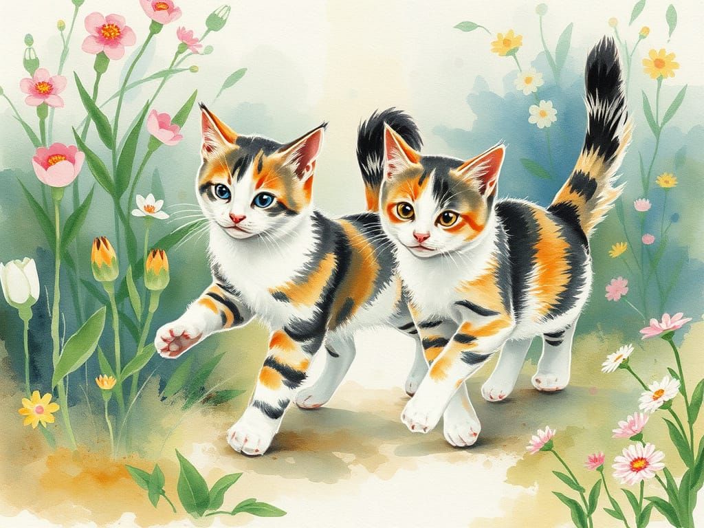Vibrant Springtime Kitties in Whimsical Watercolor