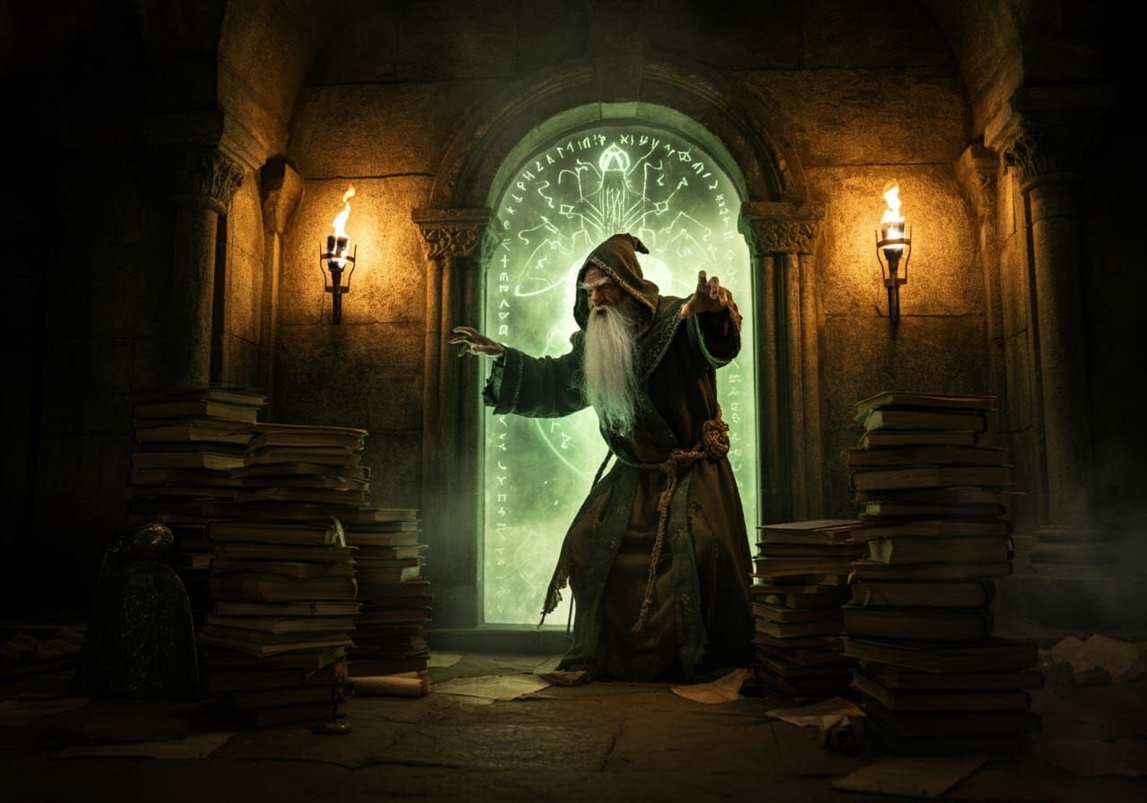 Wizard Opens Ethereal Portal in Dark Crypt